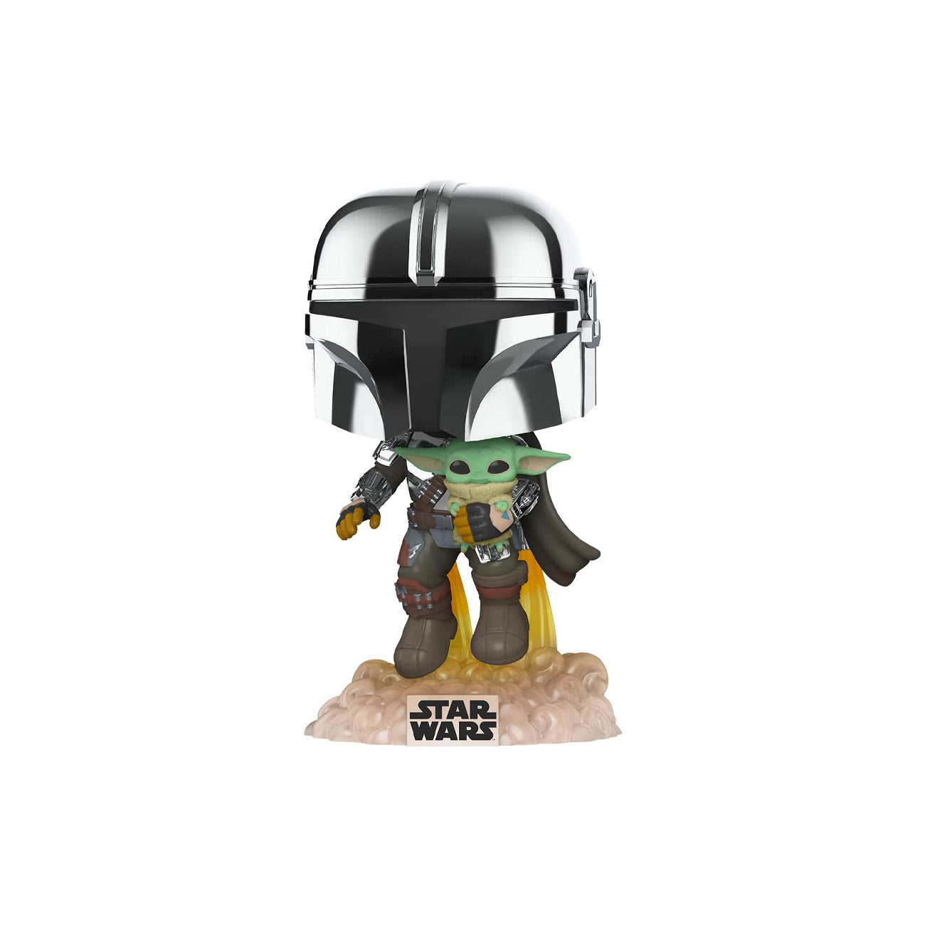 Across The Galaxy - The Mandalorian Holding Grogu with Pin, Chrome Finish, Amazon Exclusive Funko Pop!