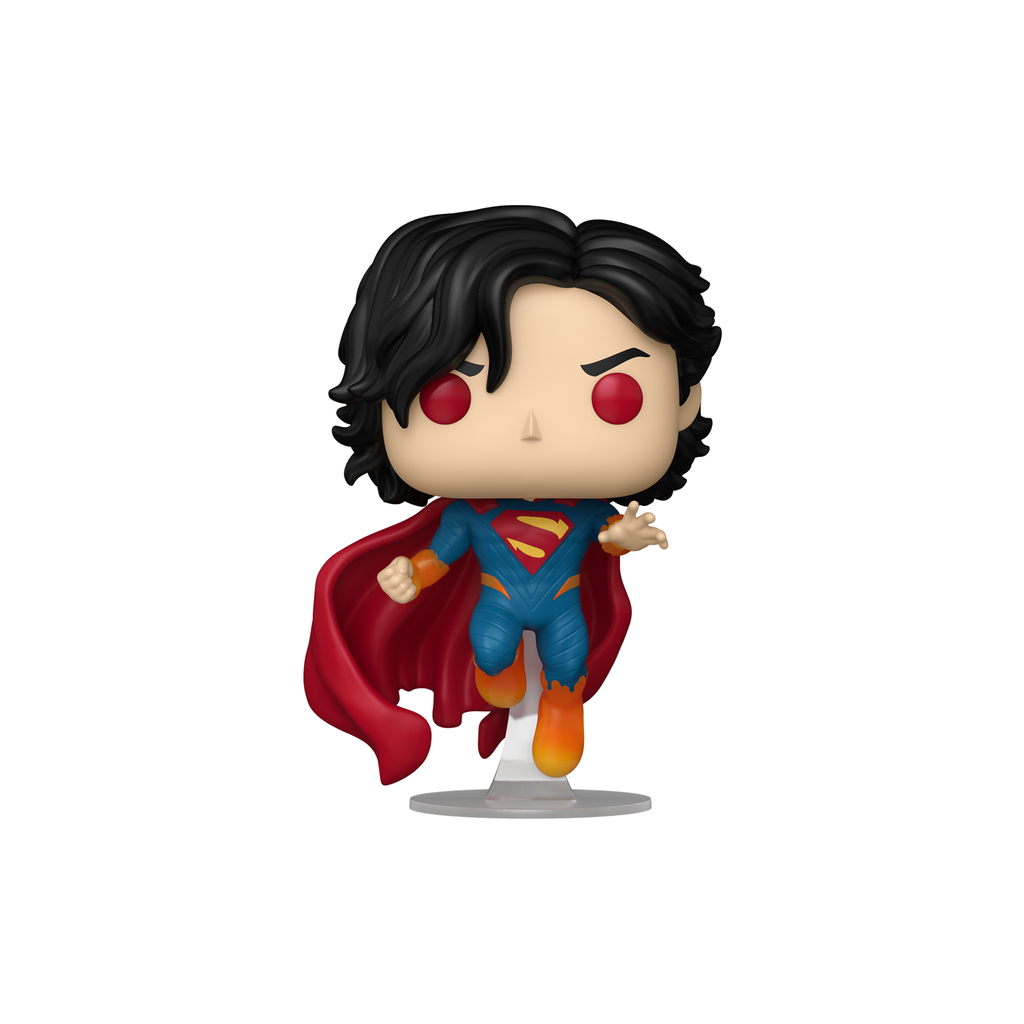 Funko Pop! Absolute Superman #659 flying on a clear stand in a blue suit with a red cape and red eyes – DrCollectible