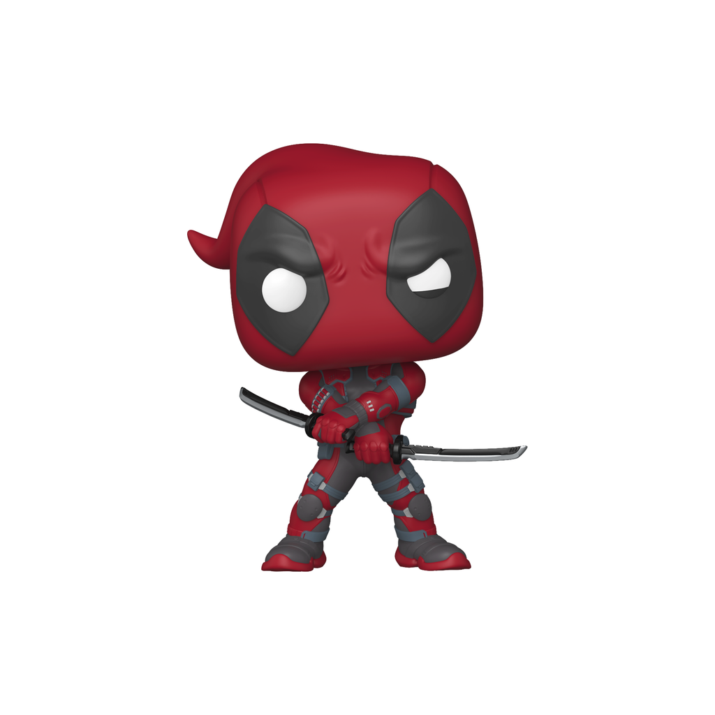 Funko Pop! Deadpool from Marvel Rivals holding two katanas crossed in front of his chest – DrCollectible
