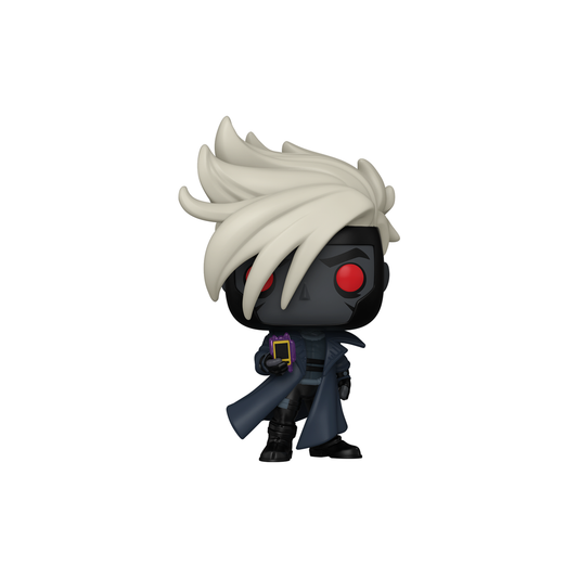 Funko Pop! Death Gambit #1614 from X-Men '97, with white hair, red eyes, a dark trench coat and a card in hand \u2013 DrCollectible