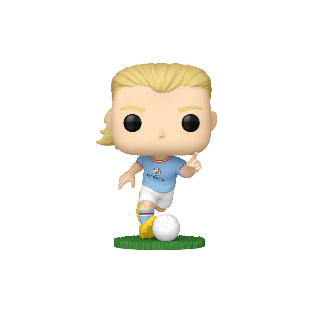 Funko Pop! Erling Haaland #60 in Manchester City kit dribbling a football on a grass base – DrCollectible