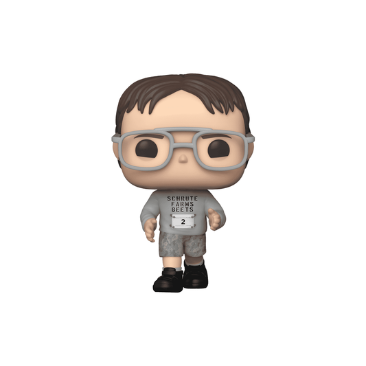 Funko Pop! Fun Run Dwight #1394 from The Office in a Schrute Farms Beets sweatshirt with race bib number 2 – DrCollectible