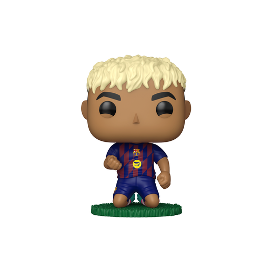 Funko Pop! Lamine Yamal #107 kneeling in FC Barcelona kit on a grass base – DrCollectible