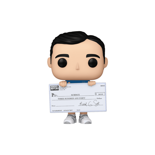 Funko Pop! Michael with Check #1395 from The Office, holding a giant Dunder Mifflin cheque made out to Science – DrCollectible