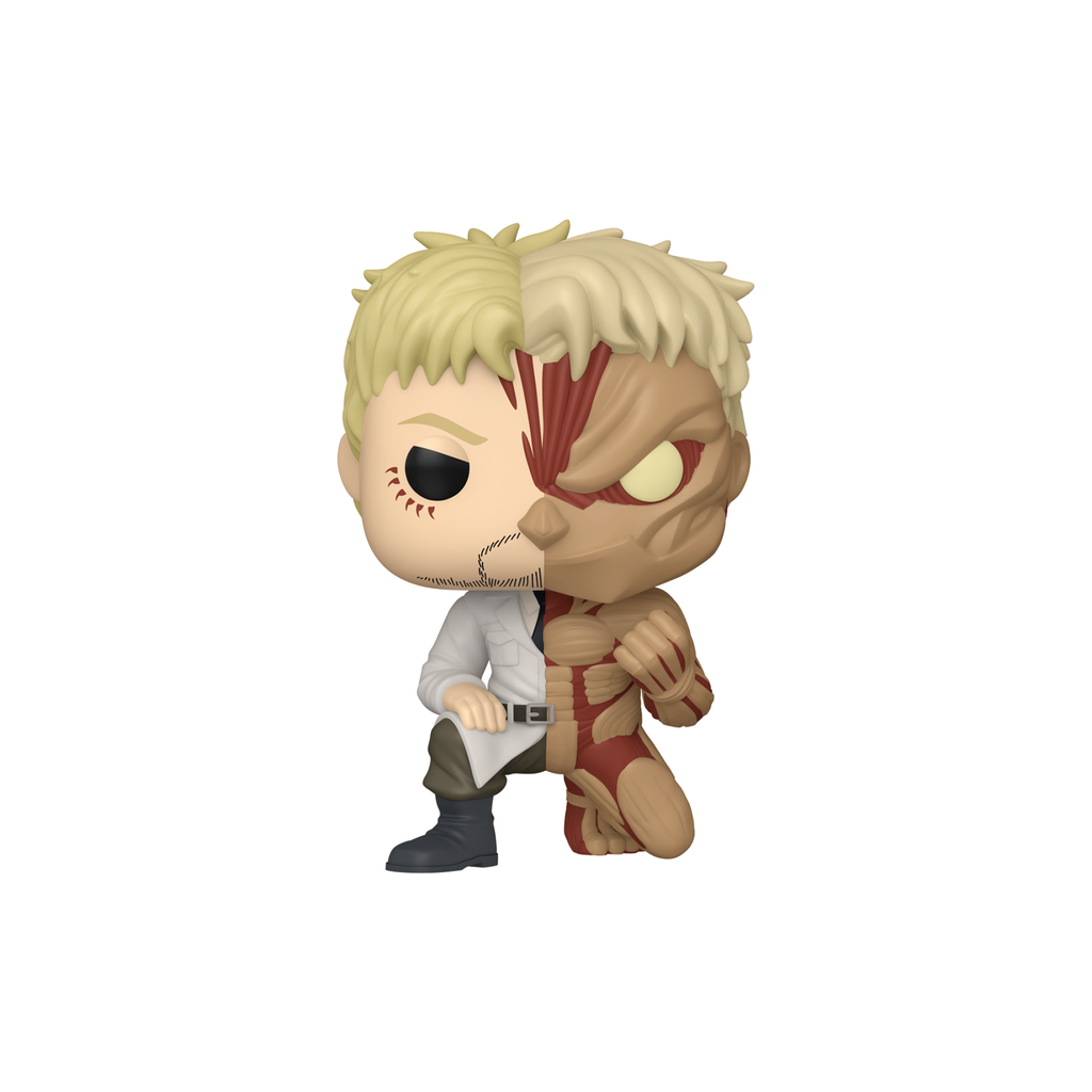 Funko Pop! Reiner Braun / Armored Titan #2552 from Attack on Titan, half human soldier in white coat and half muscled Titan, kneeling with a clenched fist – DrCollectible