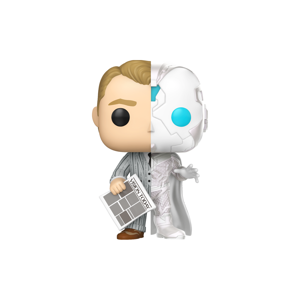 Funko Pop! The Vision (Split) #1650 from VisionQuest, half human in a pinstriped suit holding a newspaper and half white android with a cape – DrCollectible